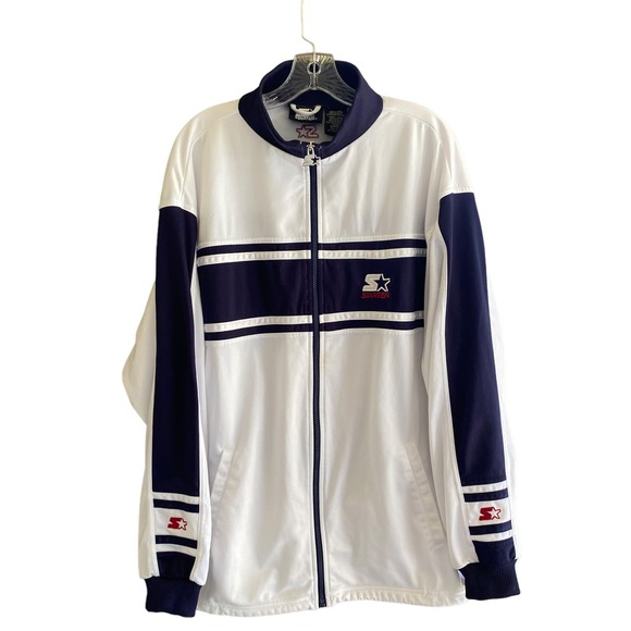 STARTER Men's Size L Jacket Athletic Zip Front White Navy Blue 100% Polyester - Picture 9 of 13